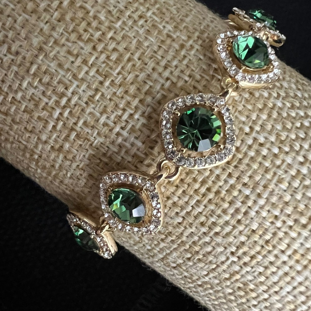 Givenchy Gold Tone Emerald Green Crystal Square Link Bracelet 7.5"